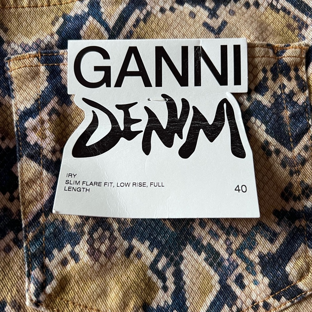 GANNI DENIM snakeskin flare pants in blue and tan, new with tags! - Picture 7 of 9
